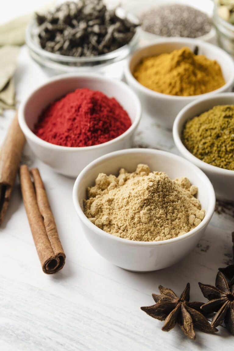 Spice Powders are on white bowls